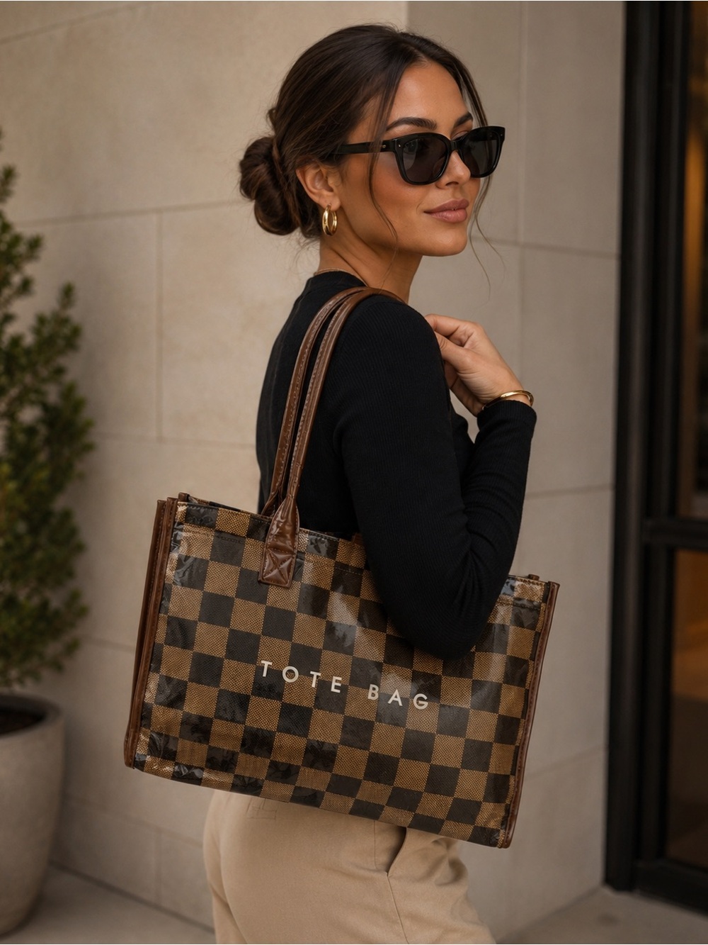 Classic Brown Checkered Tote Bag for Women